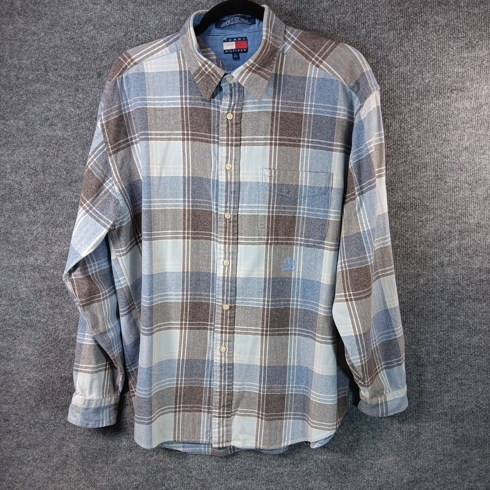 Tommy Hilfiger Men Heavy Cotton Plaid Button Up Shirt Blue Brown Large L